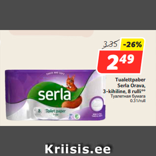 Allahindlus - Tualettpaber Serla Orava, 3-kihiline, 8 rulli**