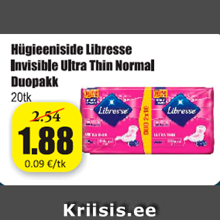 Allahindlus - Hügieeniside Libresse Invisible Ultra Thin Normal Duopakk 20 tk