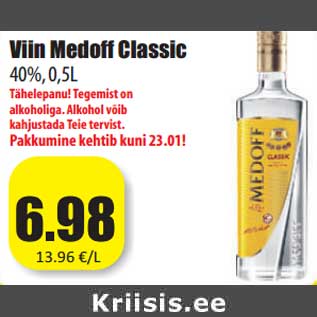 Allahindlus - Viin Medoff Classic 40%, 0,5L