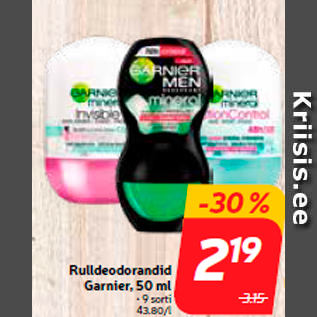 Скидка - Роликовые дезодоранты Garnier, 50 мл
