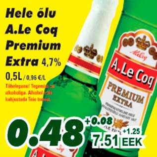 Allahindlus - Hele õlu A.Le Coq Premium Extra