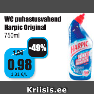 Allahindlus - WC puhastusvahend Harpic Original 750 ml