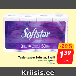 Allahindlus - Tualettpaber Softstar, 8 rulli