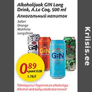 Allahindlus - Alkohoolijook GIN Long Drink, A.Le Coq, 500 ml