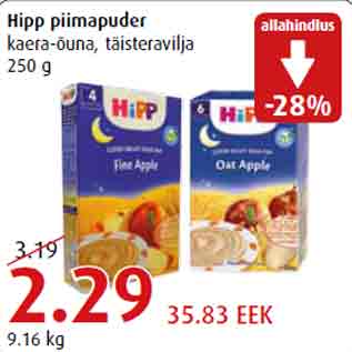 Allahindlus - Hipp piimapuder kaera-õuna, täisteravilja 250 g