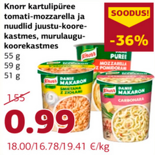 Allahindlus - Knorr kartulipüree tomati-mozzarella ja nuudlid juustu-koorekastmes, murulaugukoorekastmes