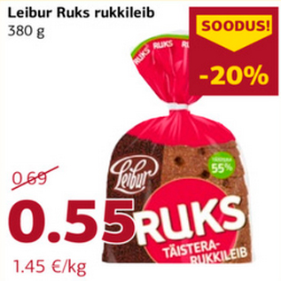 Allahindlus - Leibur Ruks rukkileib 380 g