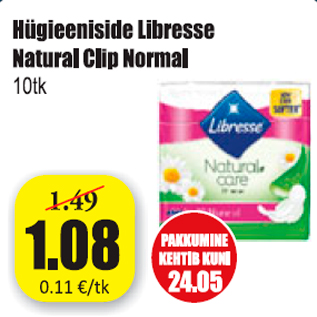 Allahindlus - Hügieeniside Libresse Natural Clip Normal 10 tk