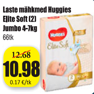Allahindlus - Laste mähkmed Huggies Elite Soft (2) Jumbo 4-7 kg, 66 tk