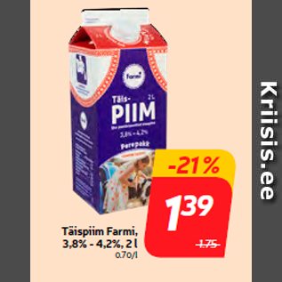 Allahindlus - Täispiim Farmi, 3,8% - 4,2%, 2 l