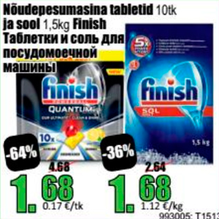 Allahindlus - Nõudepesumasina tabletid 10 tk ja sool 1,5 kg Finish