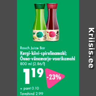 Allahindlus - Rauch Julce Bar Kurgi-kiivi-spirulinamahl; Õuna-viinamatja-vaarikamahl 800 ml