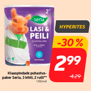 Allahindlus - Klaaspindade puhastuspaber Serla, 3 kihti, 2 rulli**