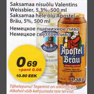 Allahindlus - Saksamaa nisuõlu Valentins Weissbier Saksamaa hele õlu Apostel Bräu