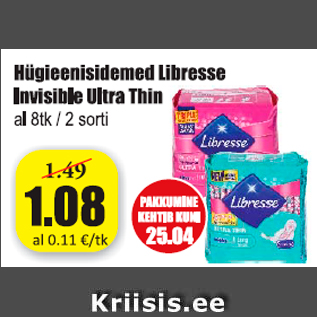 Allahindlus - Hügieenisidemed Libresse Invisible Ultra Thin