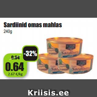 Allahindlus - Sardiinid omas mahlas 240g