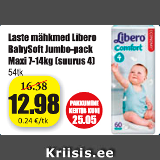 Allahindlus - Laste mähkmed Libero BabySoft Jumbo-pack Maxi 7-14 kg (SUURUS 4) 54 TK