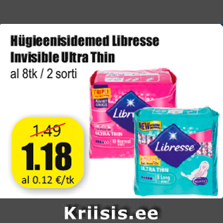 Allahindlus - Hügieenisidemed Libresse Invisible Ultra Thin