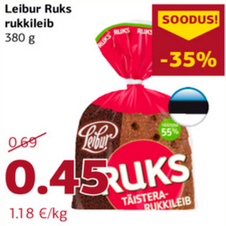 Allahindlus - Leibur Ruks rukkileib 380 g