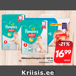 Allahindlus - Mähkmed Pampers, 62-100 tk