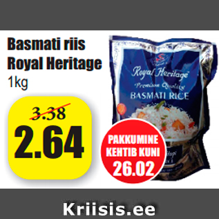 Allahindlus - Basmati riis Royal Heritage 1kg