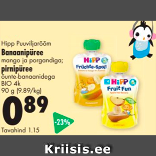 Allahindlus - Hipp Puuviljarõõm Banaanipüree mango ja porgandiga; pirnipüree õunapüree õunte-banaanidega BIO 4k, 90 g