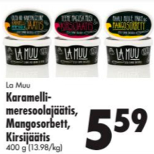 Скидка - La Muu Karamellimeresoolajäätis, Mangosorbett, Kirsijäätis 400 g