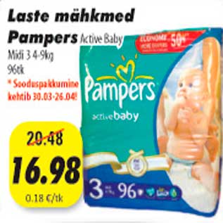 Allahindlus - Laste mähkmed Pampers 96tk