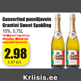 Allahindlus - Gaseeritud puuviljavein Grantini Sweet Spakling