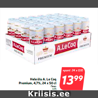 Allahindlus - Hele õlu A. Le Coq Premium, 4,7%, 24 x 50 cl