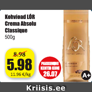 Allahindlus - Kohvioad LOR Crema Absolu Classigue 500 g