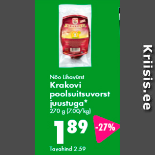 Allahindlus - Nõo Lihavürst Krakovi poolsuitsuvorst juustuga* 270 g