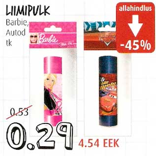 Allahindlus - Liimipulk Barbie,Autod