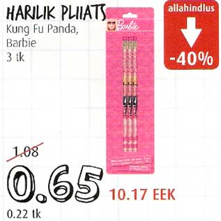 Allahindlus - Harilik pliiats Kug Fu Panda,Barbie