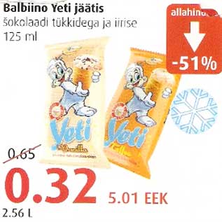 Allahindlus - Balbiino Yeti jäätis šokolaadi tükkidega ja iirise