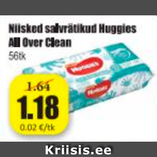 Allahindlus - Niisked salvrätikud Huggies All Over Clean 56 tk