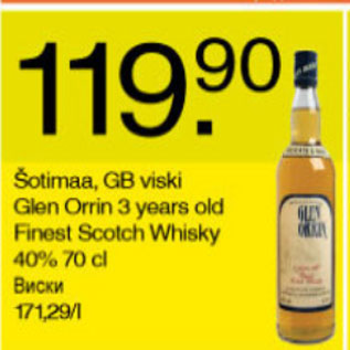 Allahindlus - Šotimaa GB viski Glen Orrin 3 years old Finest Scotch Whisky