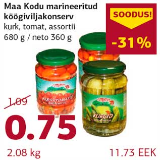 Allahindlus - Maa Kodu marineeritud köögiviljakonserv kurk, tomat, assortii 680 g / neto 360 g