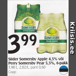 Allahindlus - Siider Somersby Apple 4,5% või Perry Somersby Pear 5,5%, 6-pakk