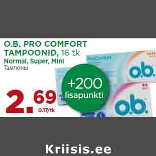 Allahindlus - O.B. PRO COMFORT TAMPOONID, 16 tk Normal, Super, Mini