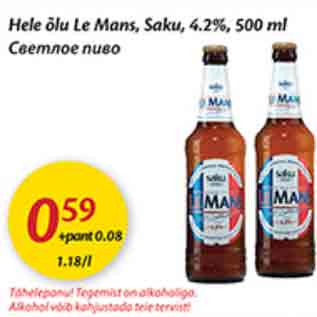 Allahindlus - Hele õlu Le Mans, Saku, 4,2%, 500 ml