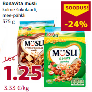 Allahindlus - Bonavita müsli kolme šokolaadi, mee-pähkli 375 g