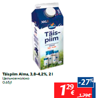 Allahindlus - Täispiim Alma, 3,8-4,2%, 2 l