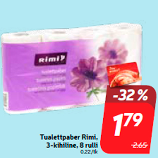 Allahindlus - Tualettpaber Rimi, 3-kihiline, 8 rulli