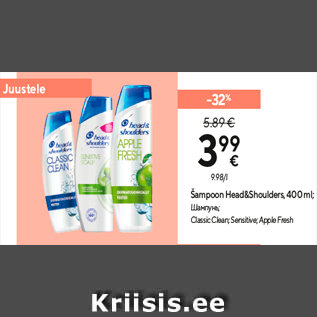 Allahindlus - Šampoon Head&Shoulders, 400 ml