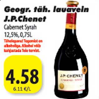 Allahindlus - Geogr. täh. lauavein J.P.Chenet Cabernet Syrah 15,5%,0,75l