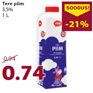 Allahindlus - Tere piim 3,5% 1 L