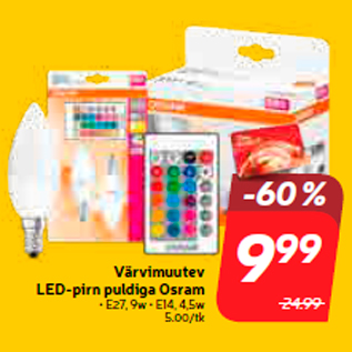 Allahindlus - Värvimuutev LED-pirn puldiga Osram