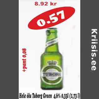 Allahindlus - Hele õlu Tuborg Green 4,6%,0,33l