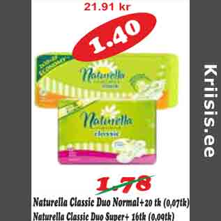 Allahindlus - Naturella Classic Duo Normal +20 tk Naturella Classic Duo Super +16 tk